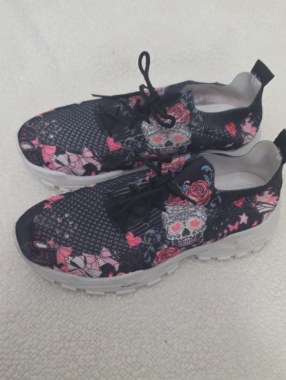 SHEIN Black Knit Sneakers with Pink Floral Sugar Skull Motif